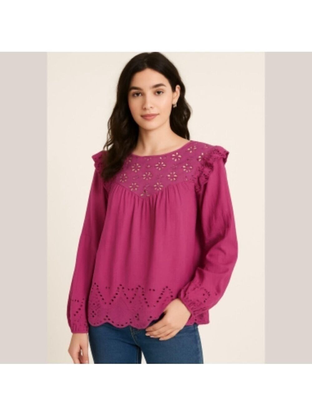 Jennifer & Grace hot pink Ruffled Eyelet Blouse Cotton Coquette Boho Sz L